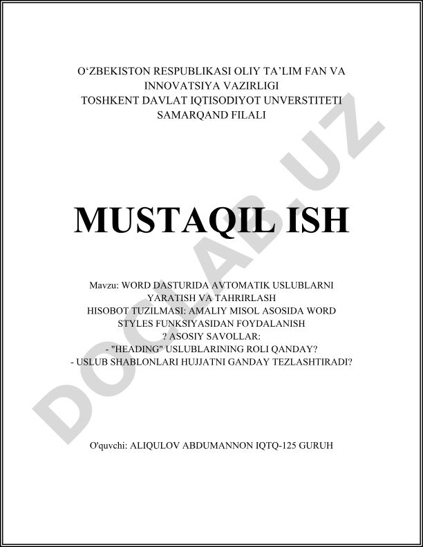 Word dasturida avtomatik uslublarni yaratish va tahrirlash