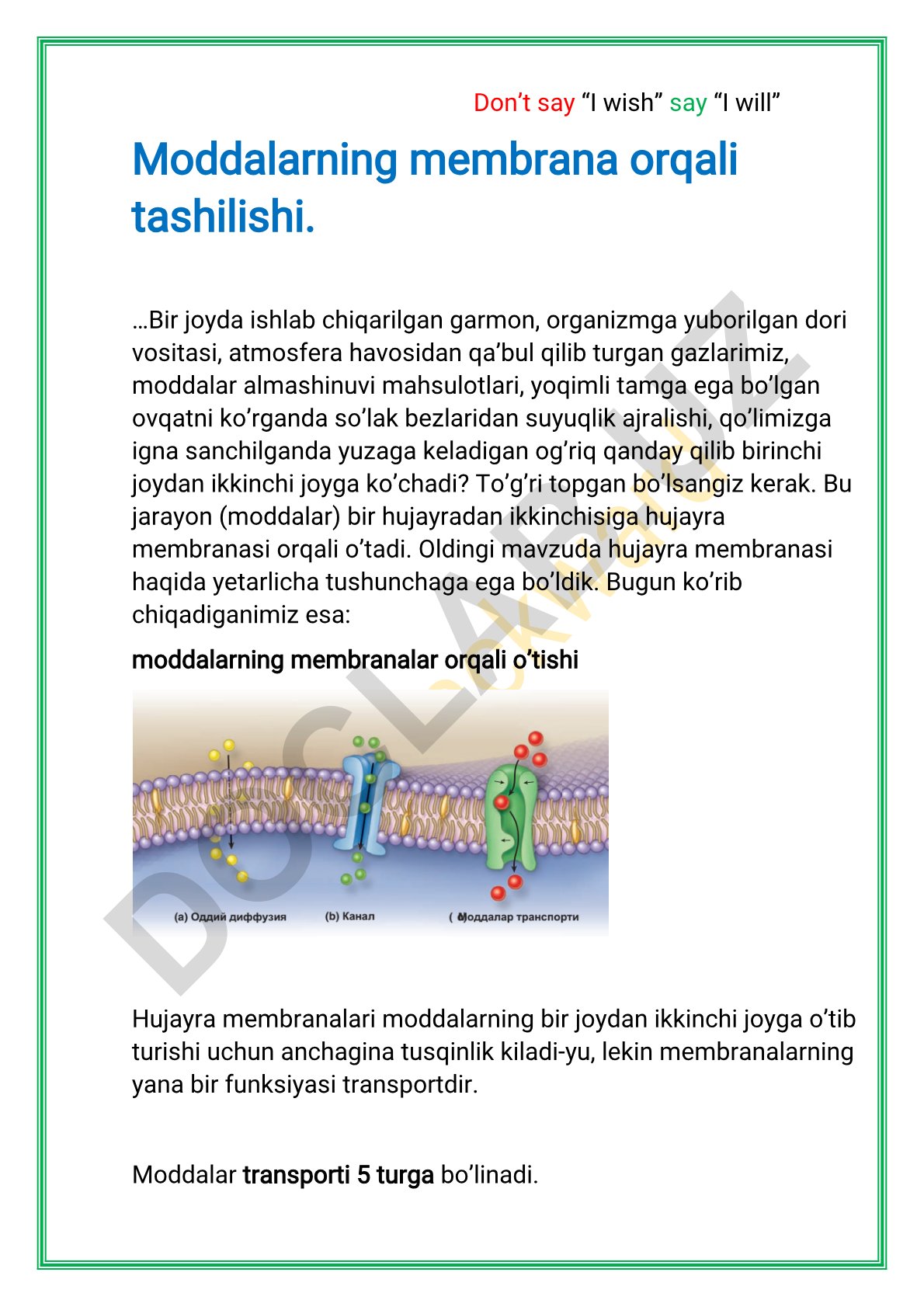 Moddalarning membrana orqali tashilishi turlari