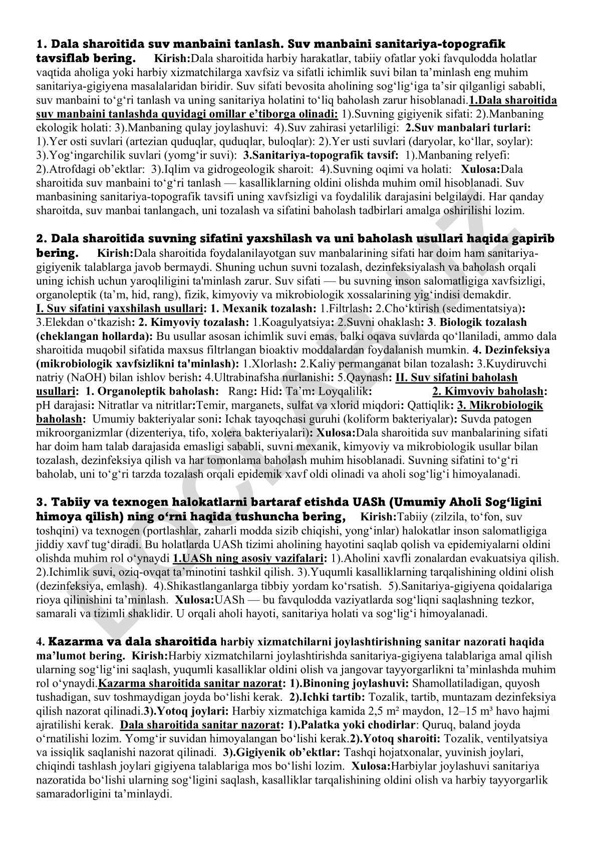 Dala sharoitida suv manbaini tanlash va sanitariya-topografik tavsifi