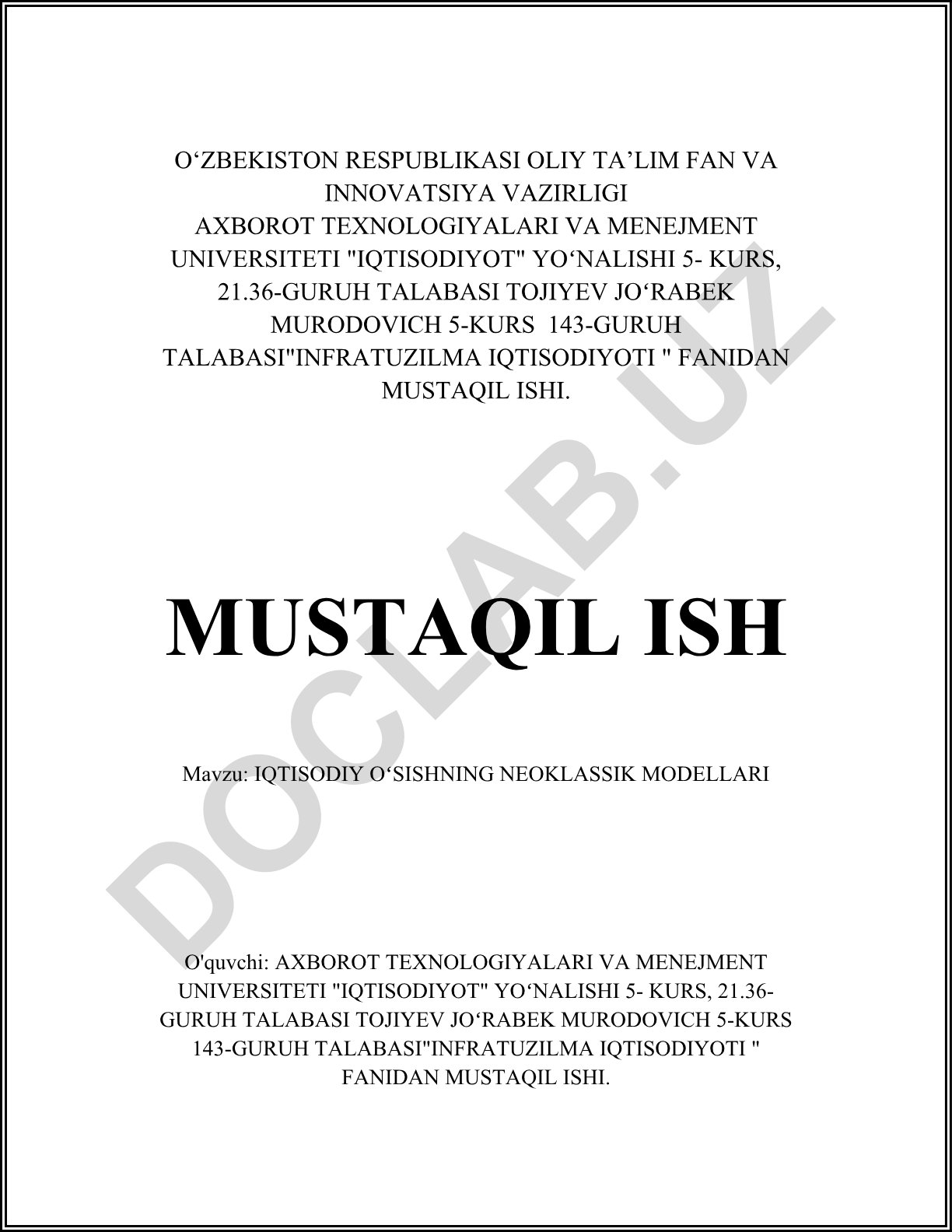 Iqtisodiy o'sishning neoklassik modellari