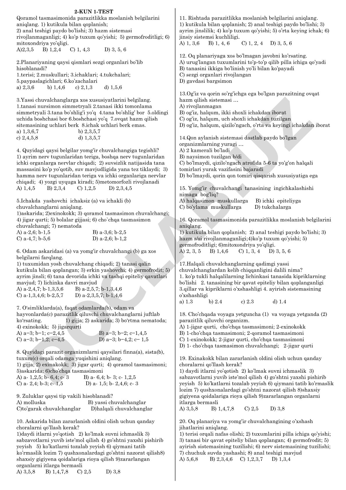Biologiyadan chuvalchanglarga oid test savollari