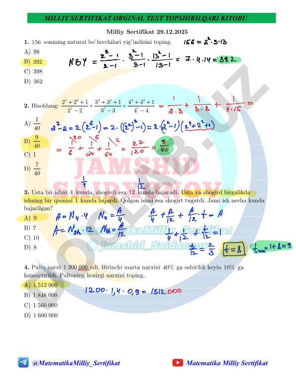Matematika Milliy Sertifikat test topshiriqlari