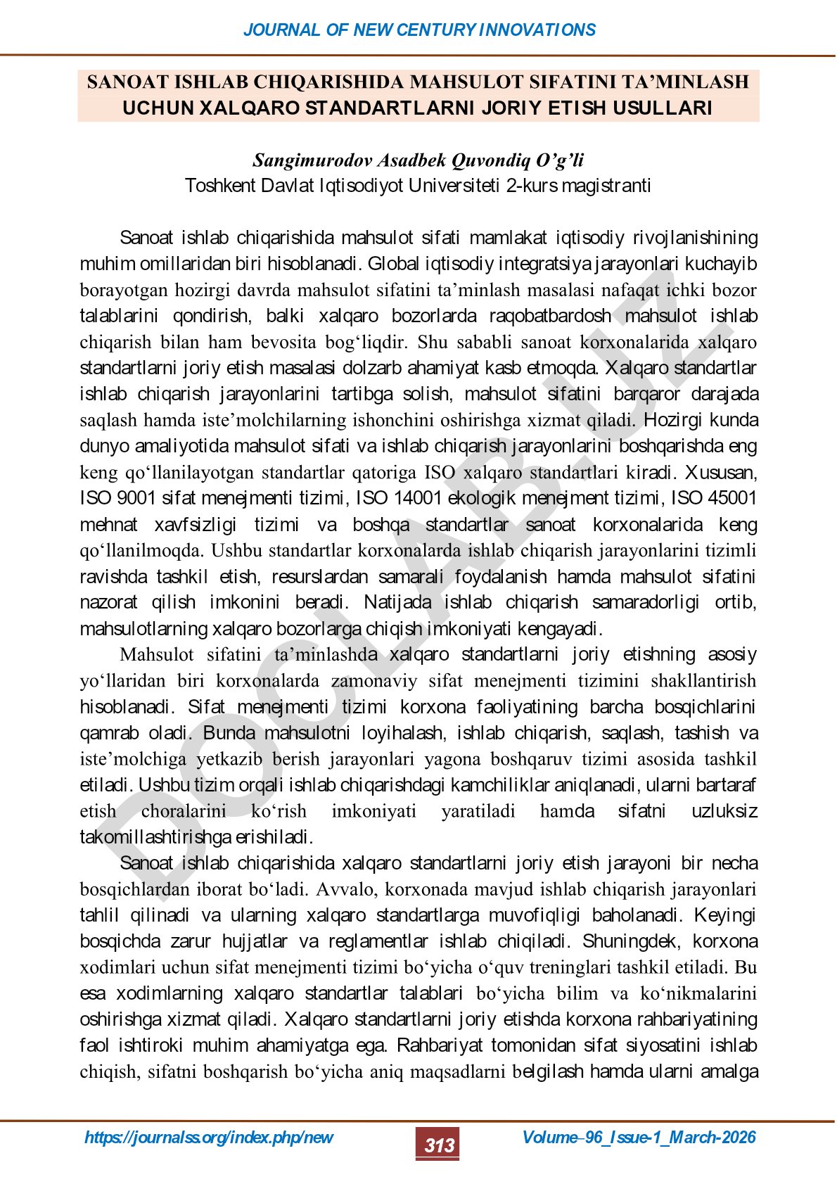 Sanoat ishlab chiqarishida mahsulot sifatini ta'minlash uchun xalqaro standartlarni joriy etish usullari