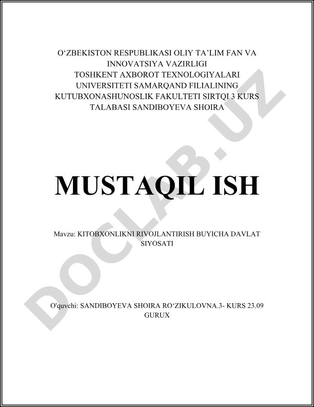 Kitobxonlikni rivojlantirish buyicha davlat siyosati