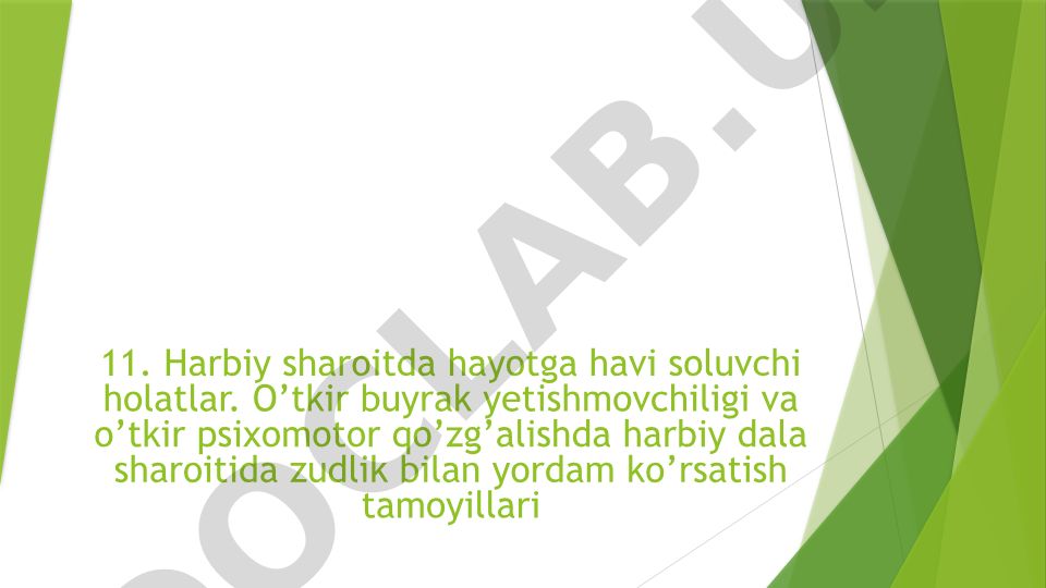 Harbiy sharoitda o'tkir buyrak yetishmovchiligi va psixomotor qo'zg'alishda yordam ko'rsatish