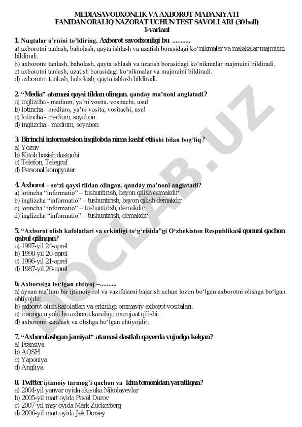Mediasavodxonlik va axborot madaniyati fani oraliq nazorat test savollari