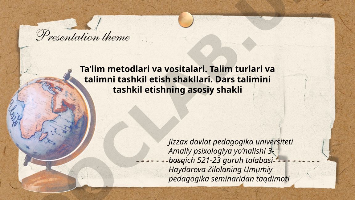 Taʼlim metodlari va vositalari, talim turlari va tashkil etish shakllari