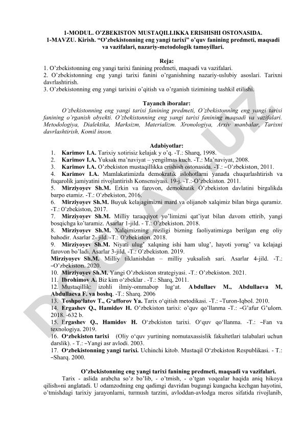O'zbekistonning eng yangi tarixi fanining predmeti, maqsadi va vazifalari