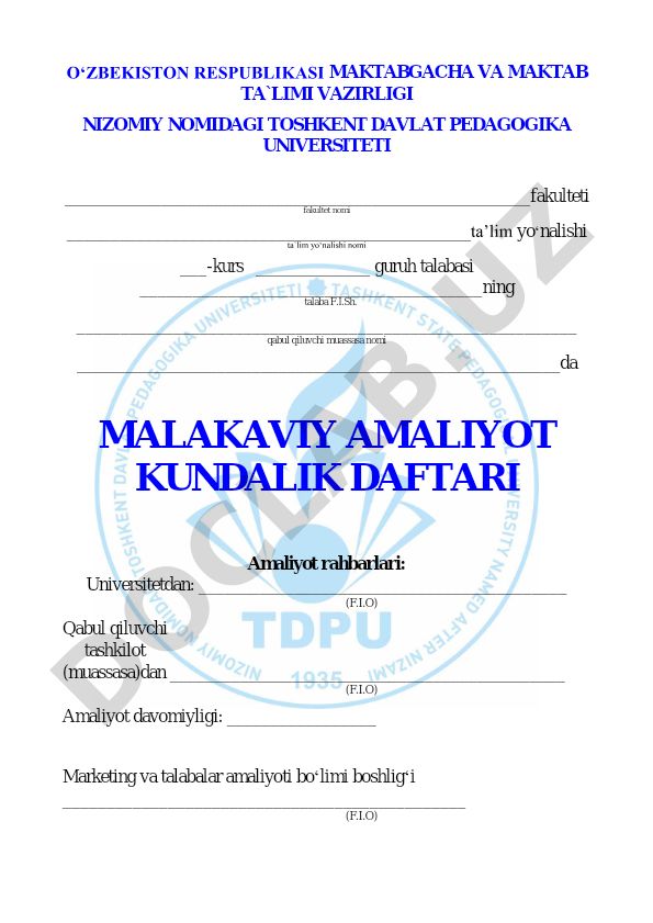 Malakaviy amaliyot kundalik daftari