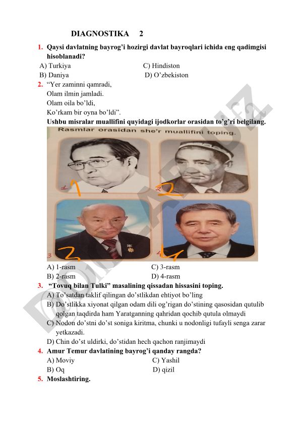 O'zbek tili va adabiyoti test savollari
