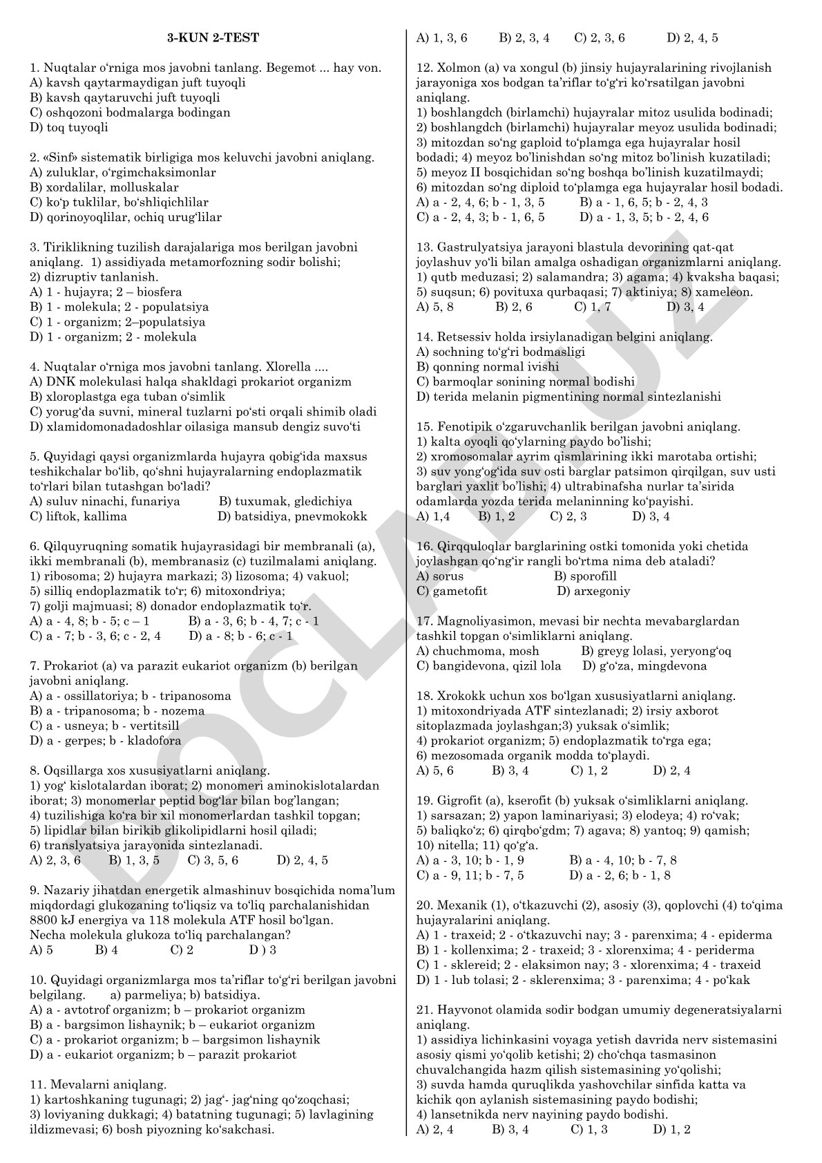 Biologiyadan test savollari