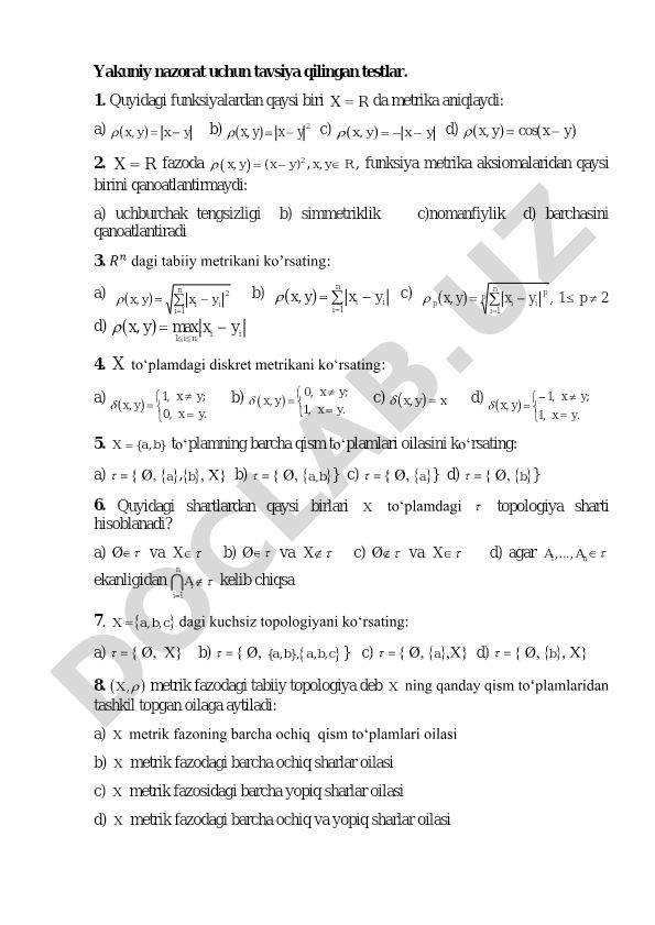 Metrik fazolar va topologiya test savollari