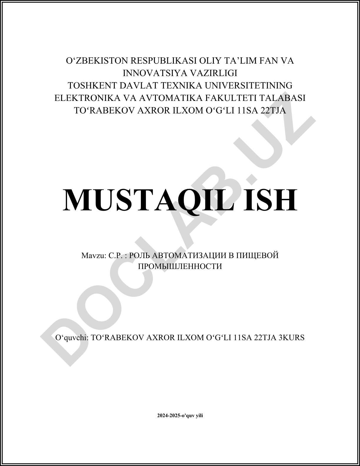 Avtomatlashtirishning oziq-ovqat sanoatidagi roli