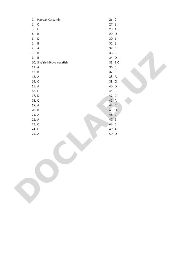Haydar Xorazmiy va adabiyot test savollari
