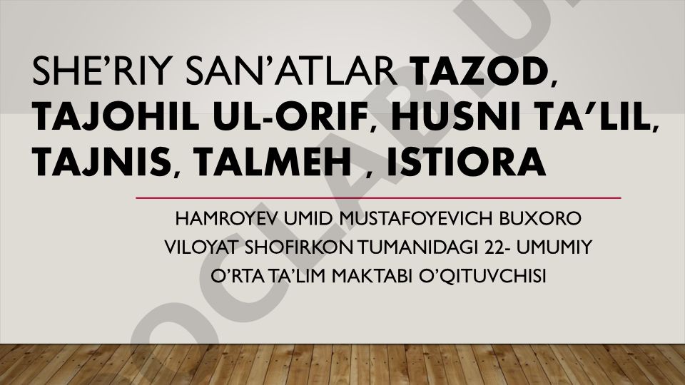 She'riy san'atlar: Tazod, Tajohil ul-orif, Husni ta'lil, Tajnis, Talmeh, Isti'ora
