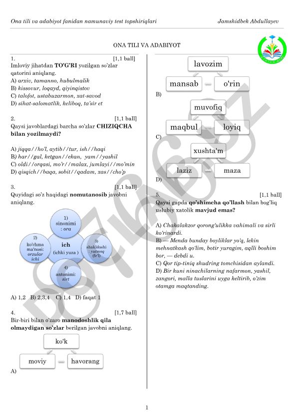 Ona tili va adabiyot fanidan namunaviy test topshiriqlari