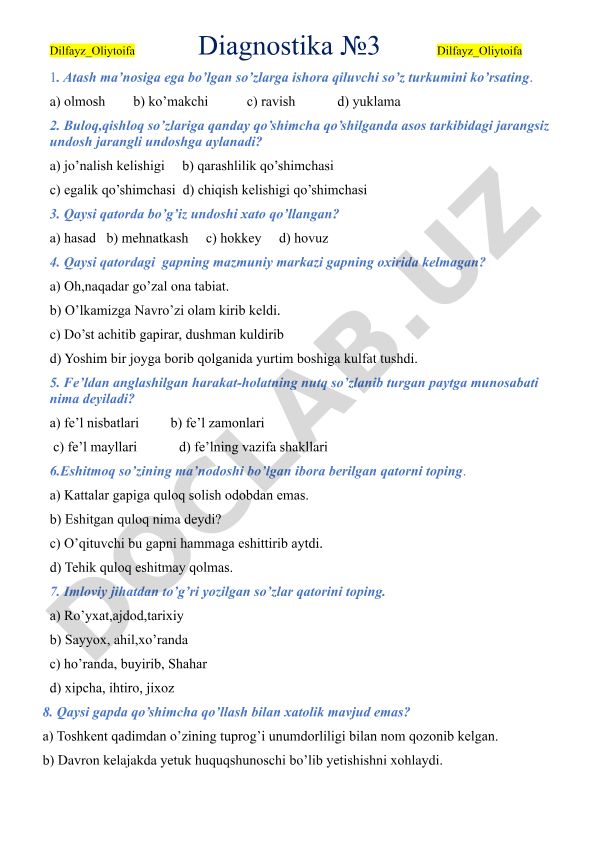 O'zbek tili diagnostik testi №3