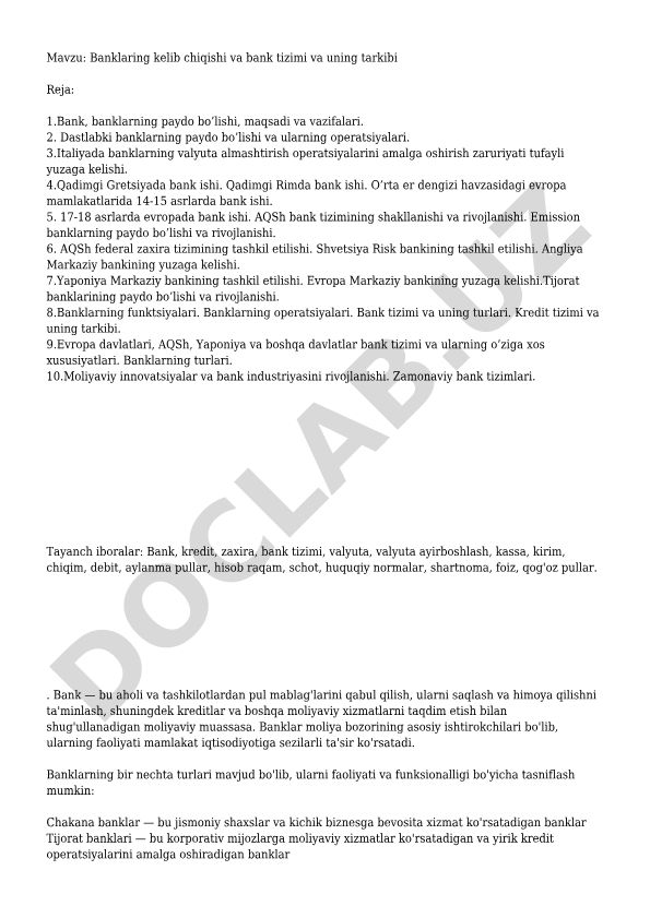 Banklarning kelib chiqishi va bank tizimi va uning tarkibi