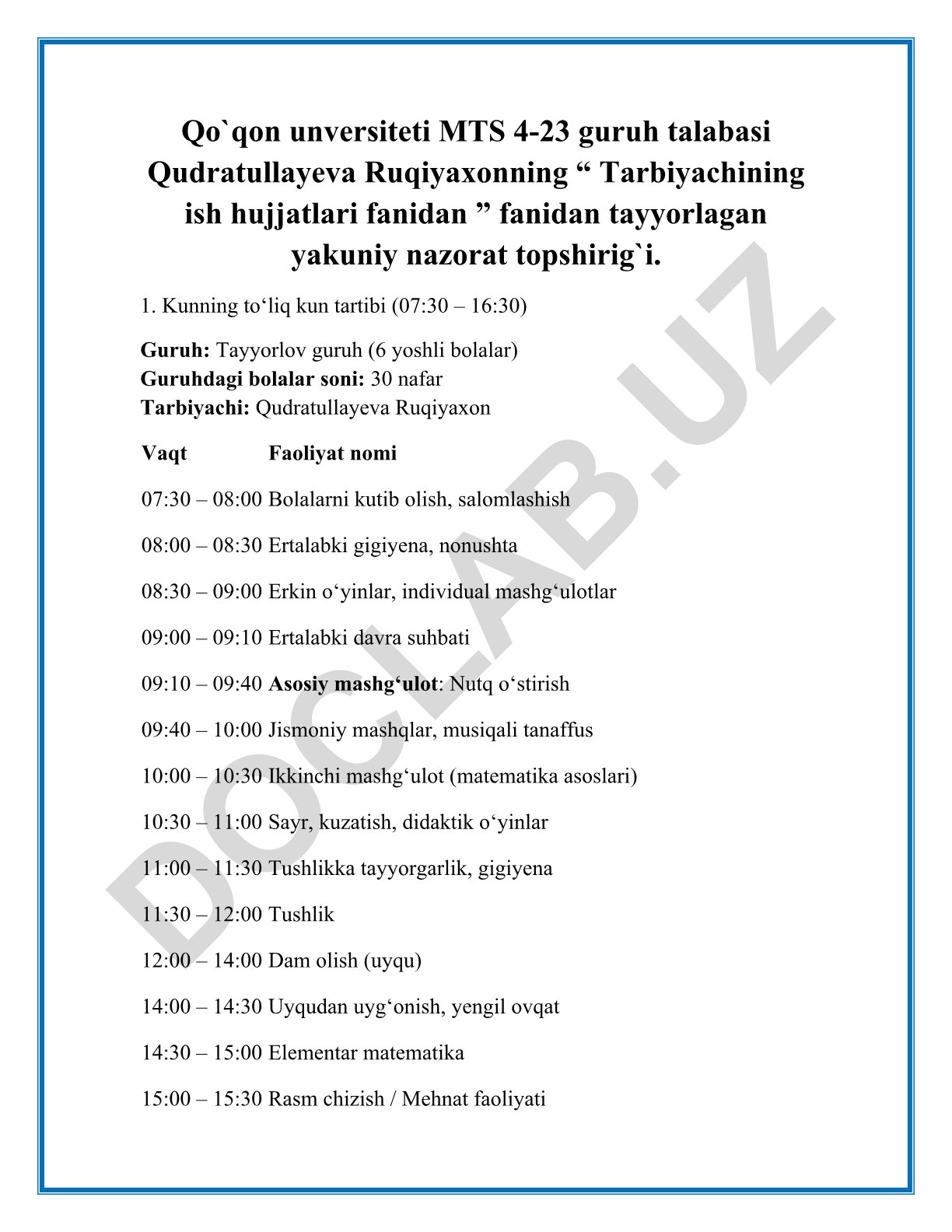 Tarbiyachining ish hujjatlari fanidan yakuniy nazorat topshirig'i