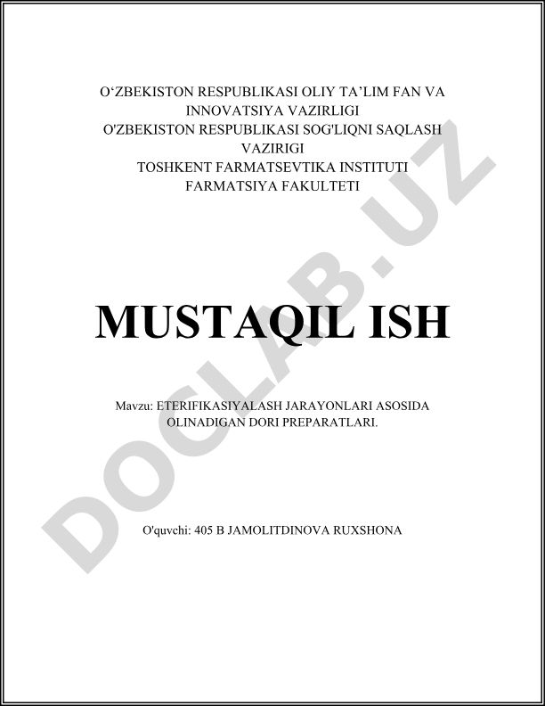 Eterifikatsiyalash jarayonlari asosida olinadigan dori preparatlari