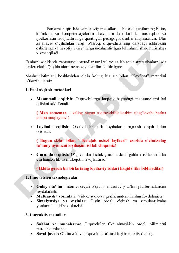 Fanlarni o‘qitishda zamonaviy metodlar