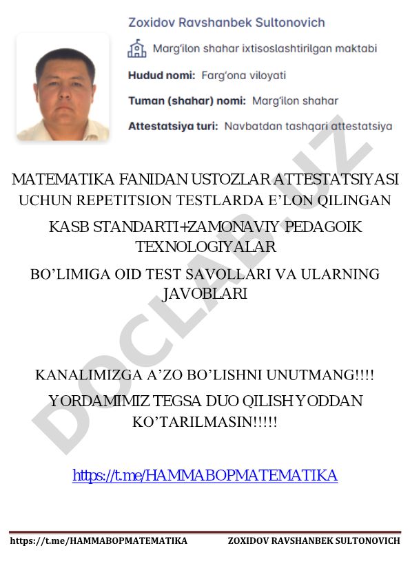 Matematika fanidan ustozlar attestatsiyasi uchun test savollari va javoblari
