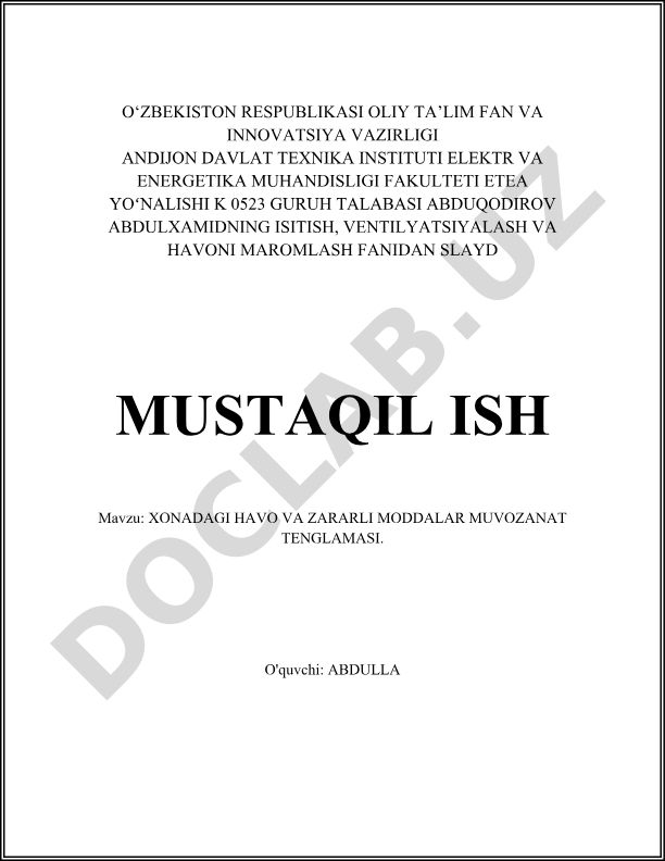 Xonadagi havo va zararli moddalar muvozanat tenglamasi