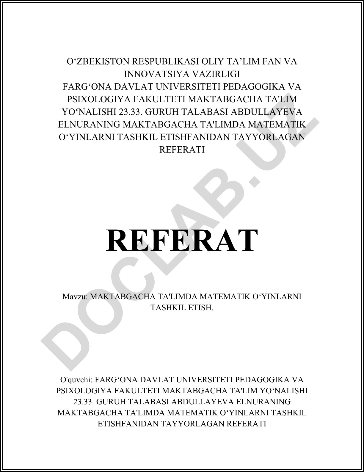 Maktabgacha ta'limda matematik o'yinlarni tashkil etish