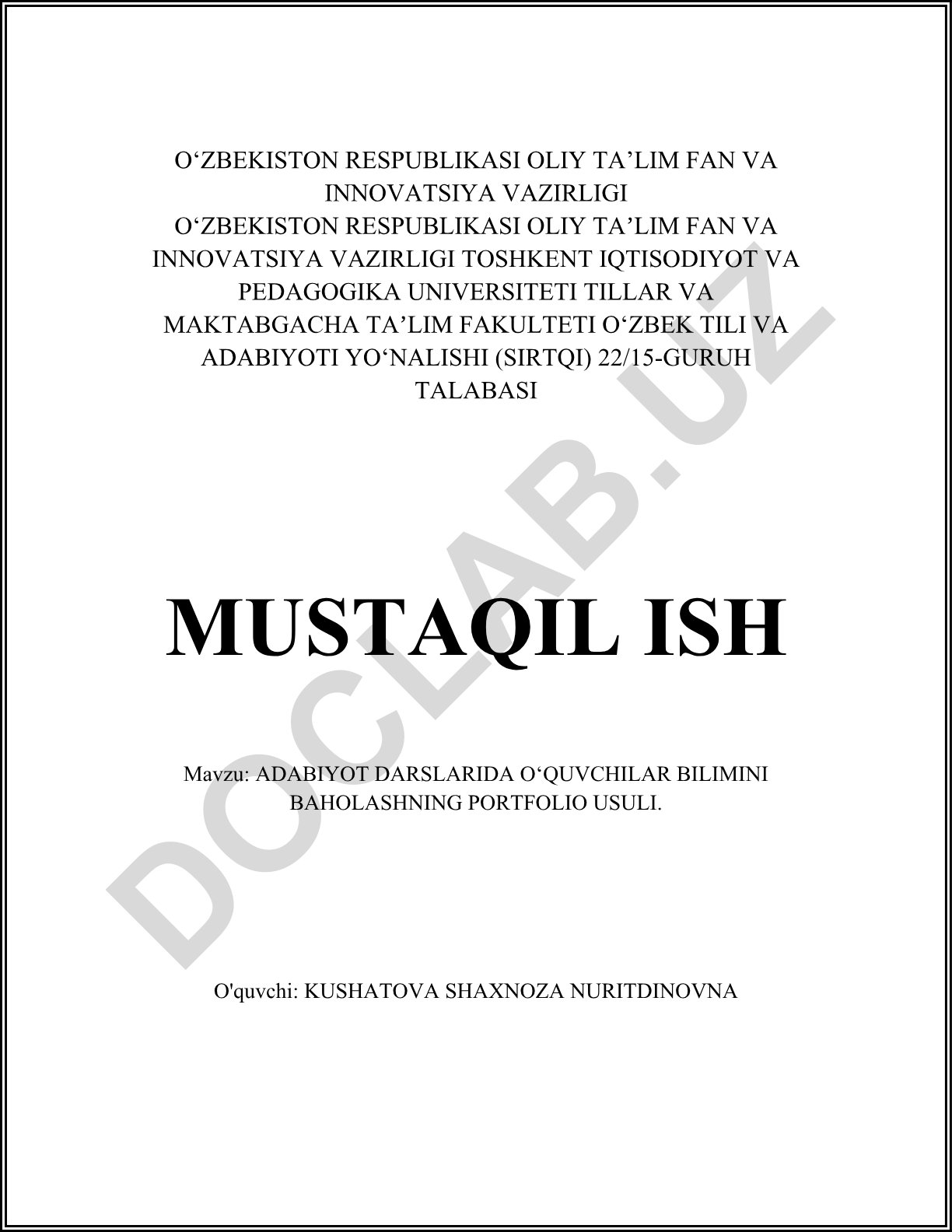 Adabiyot darslarida o‘quvchilar bilimini baholashning portfolio usuli