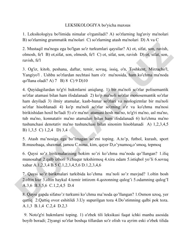 Leksikologiya fanidan test savollari