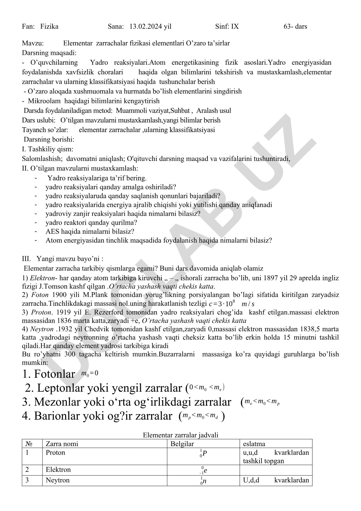 Elementar zarrachalar fizikasi elementlari va o’zaro ta’sirlar
