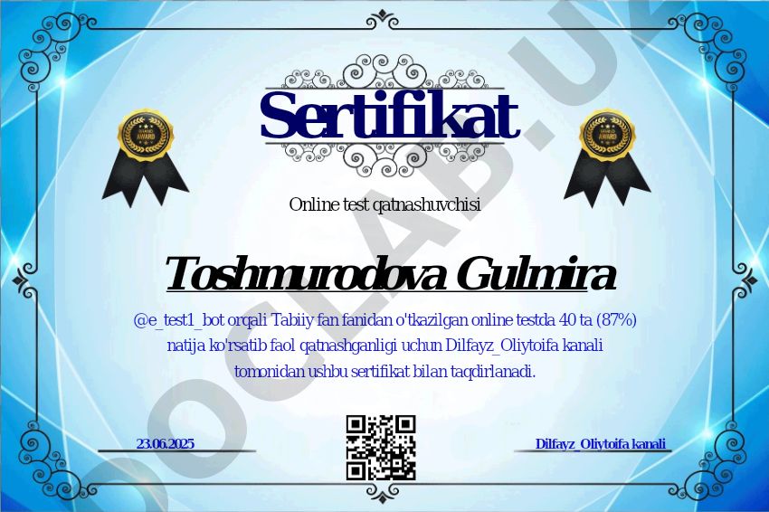 Tabiiy fan online testi sertifikatlari