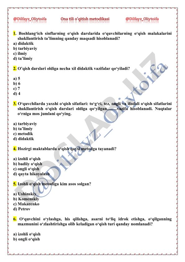 Ona tili o'qitish metodikasi test savollari