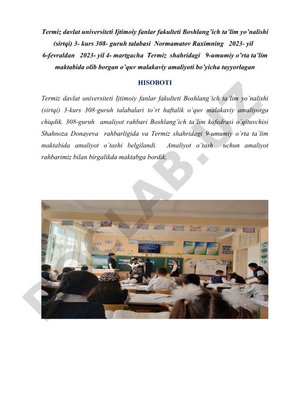 Termiz shahridagi 9-umumiy o'rta ta'lim maktabida o'quv malakaviy amaliyoti hisoboti