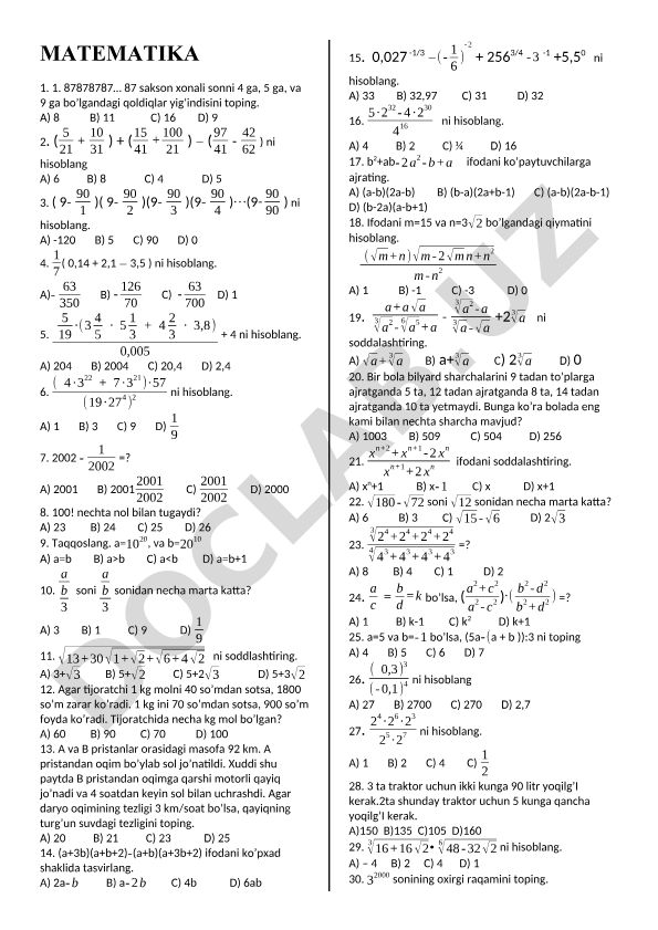 Matematika masalalari to'plami