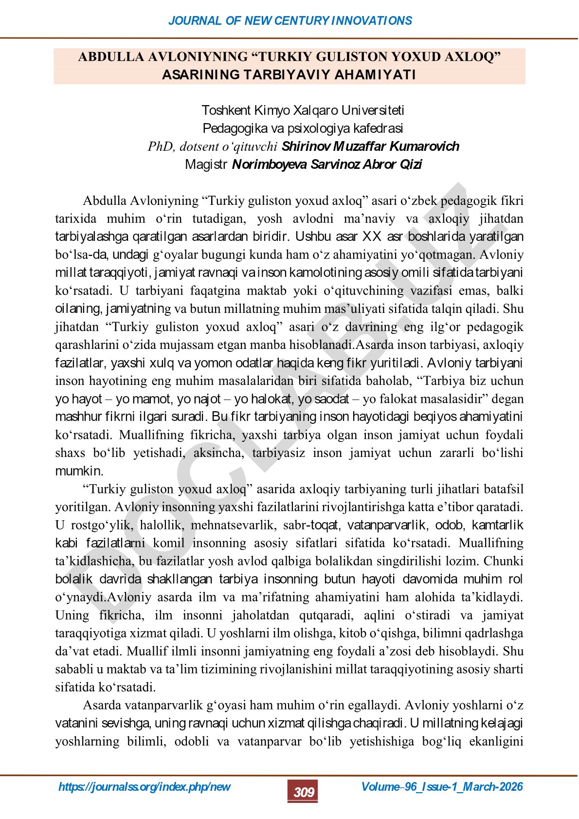 Abdulla Avloniyning “Turkiy guliston yoxud axloq” asarining tarbiyaviy ahamiyati
