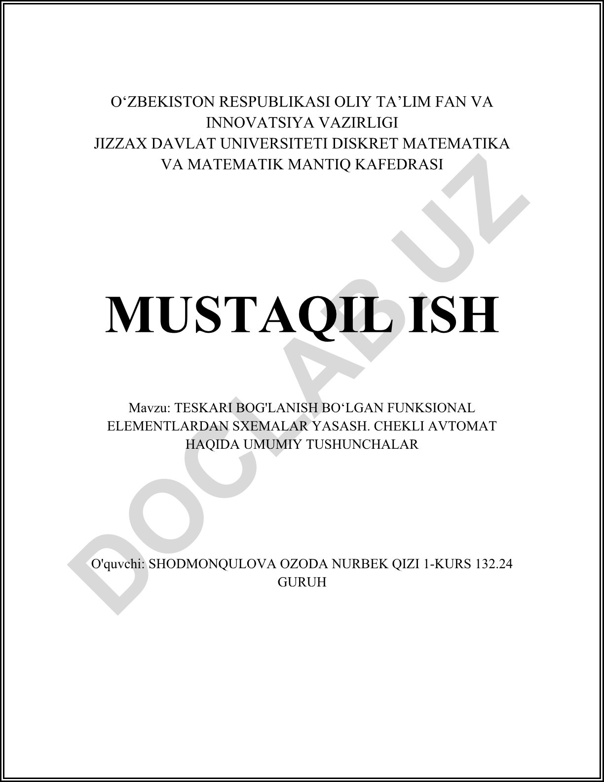 Teskar bog'lanish bo'lgan funksional elementlardan sxemalar yasash. Chekli avtomat haqida umumiy tushunchalar