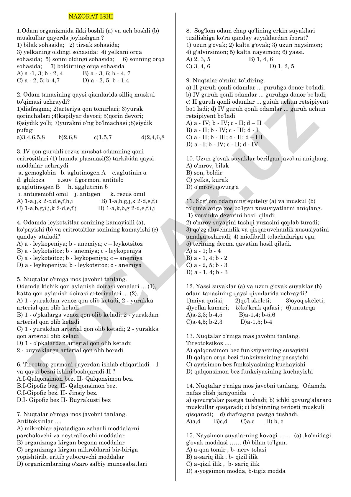 Odam anatomiyasi va fiziologiyasi testi