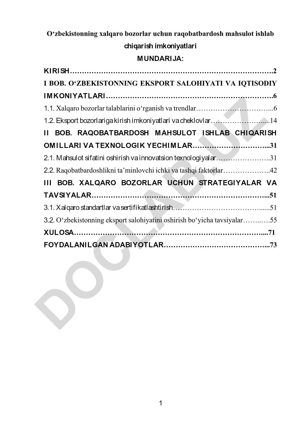 O‘zbekistonning xalqaro bozorlar uchun raqobatbardosh mahsulot ishlab chiqarish imkoniyatlari