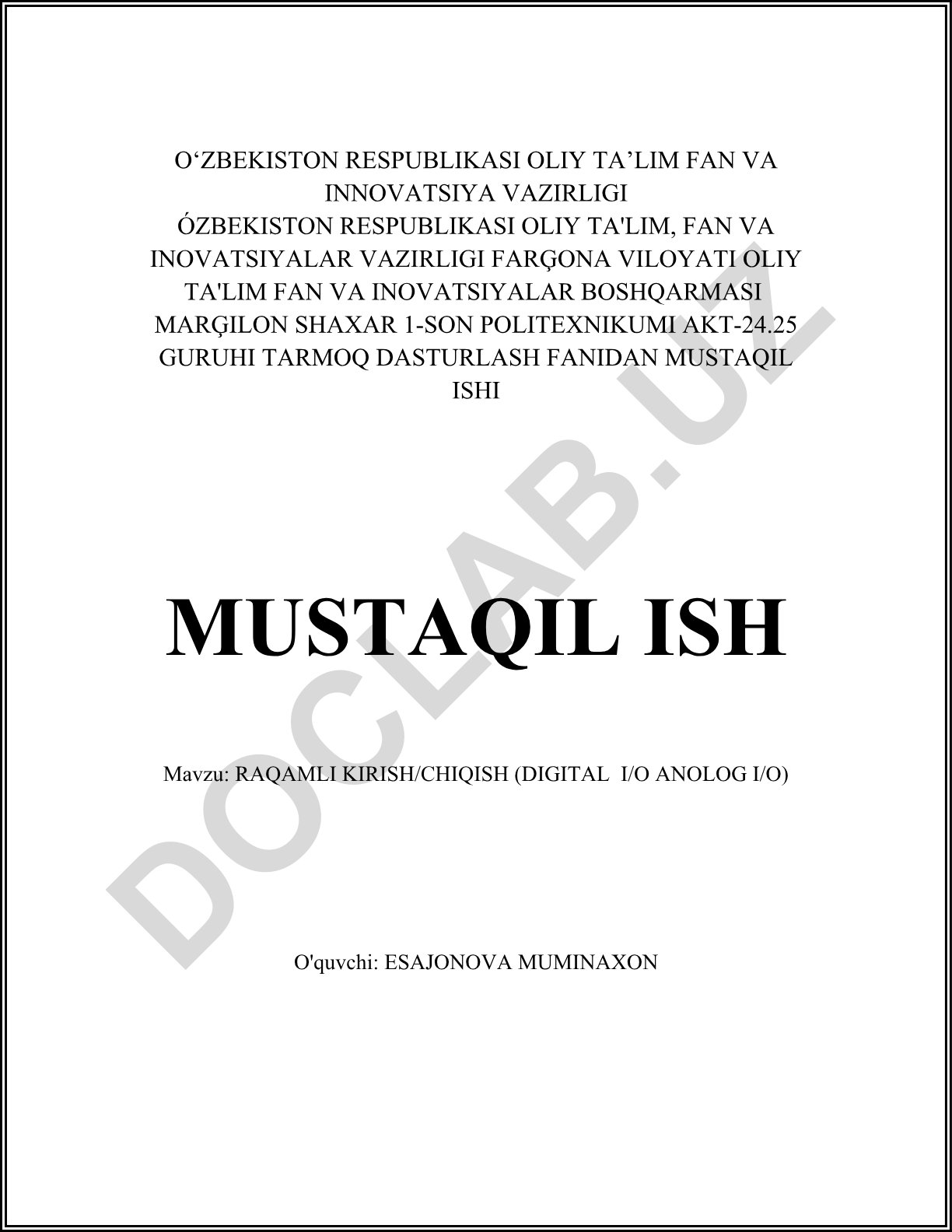 Raqamli va analog kirish/chiqish (Digital I/O va Analog I/O)