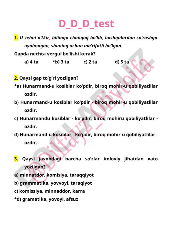 O'zbek tili test savollari va javoblari