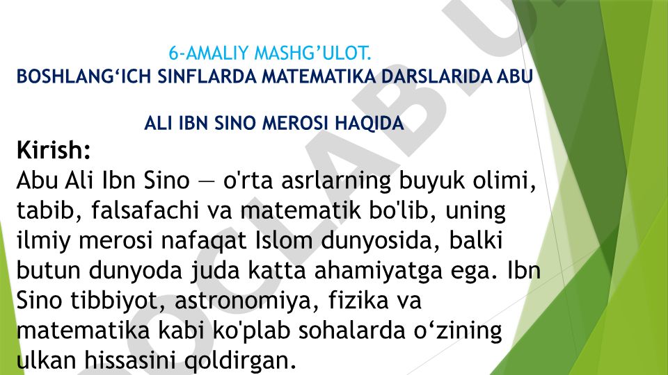 Boshlang'ich sinflarda matematika darslarida Abu Ali Ibn Sino merosi