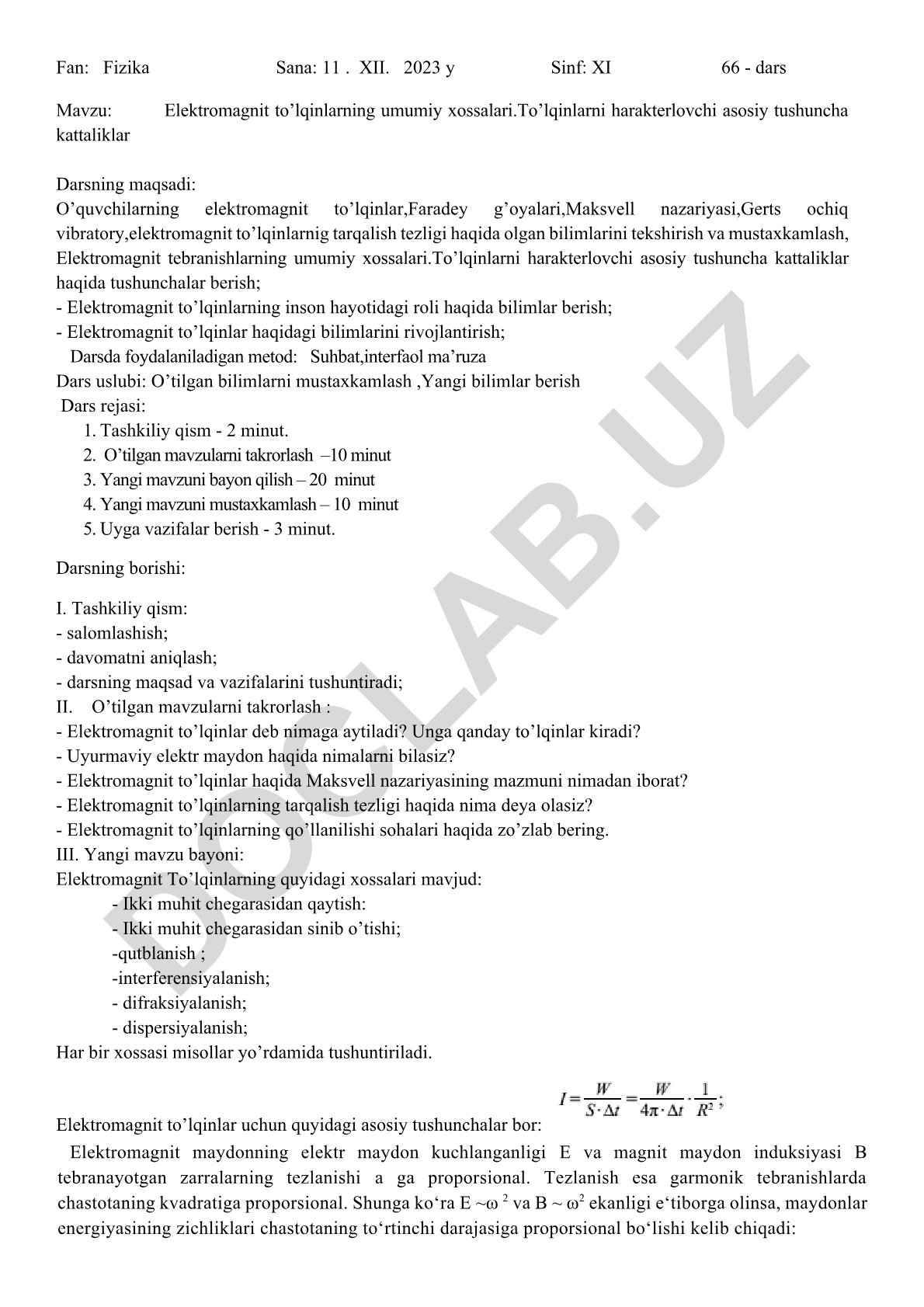 Elektromagnit to’lqinlarning umumiy xossalari va to’lqinlarni harakterlovchi asosiy tushuncha kattaliklar