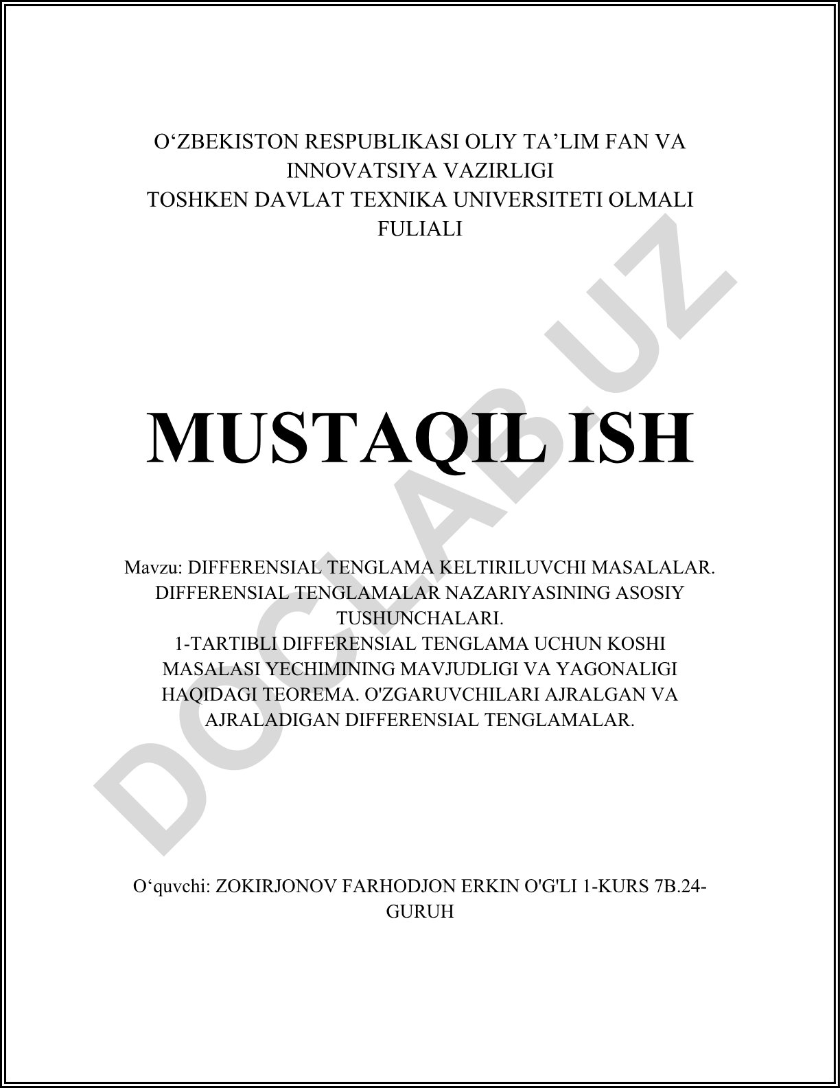 Differensial tenglama keltiriluvchi masalalar va differensial tenglamalar nazariyasi