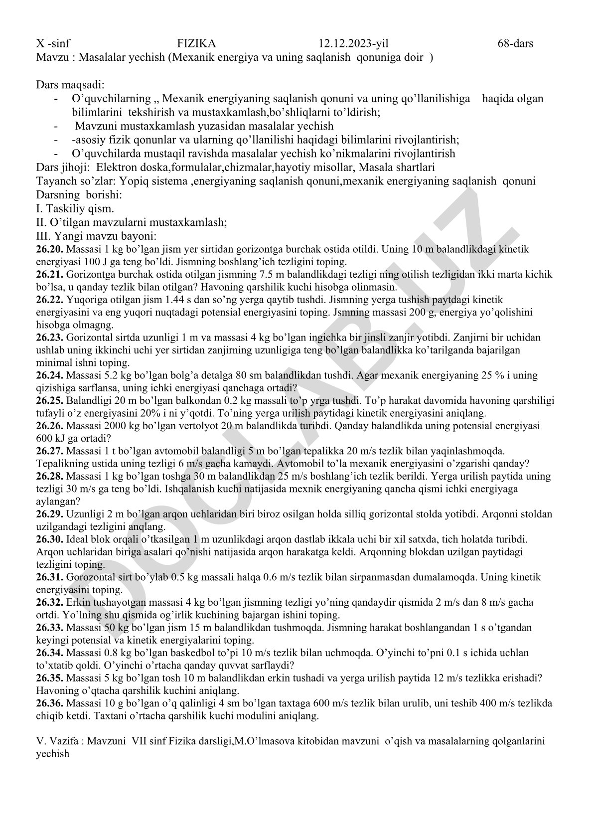 Masalalar yechish (Mexanik energiya va uning saqlanish qonuniga doir)