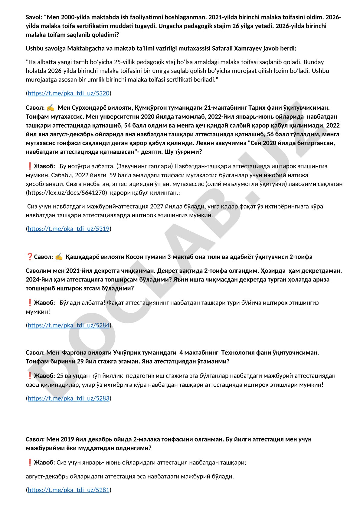 O'qituvchilar malaka toifasi va attestatsiya tartibi bo'yicha savol-javoblar