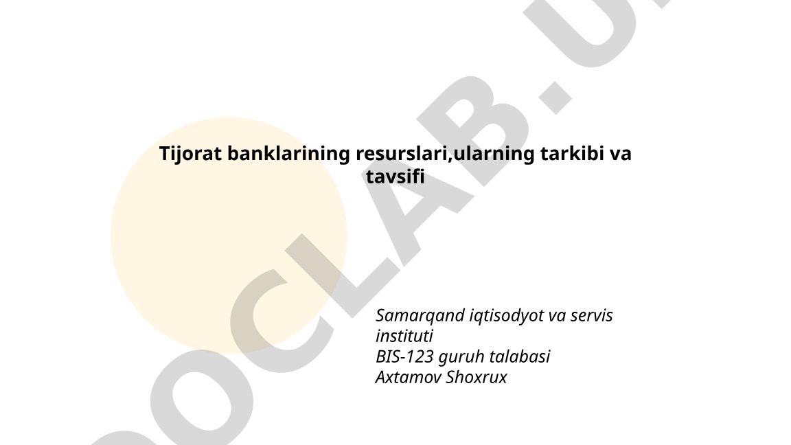 Tijorat banklarining resurslari, ularning tarkibi va tavsifi