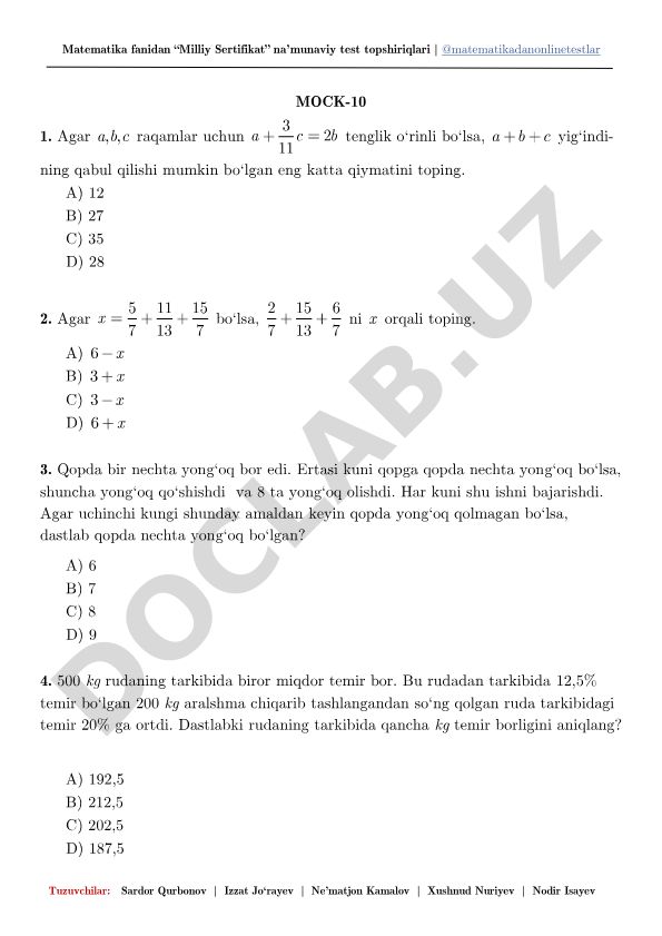 Matematika fanidan Milliy Sertifikat na'munaviy test topshiriqlari