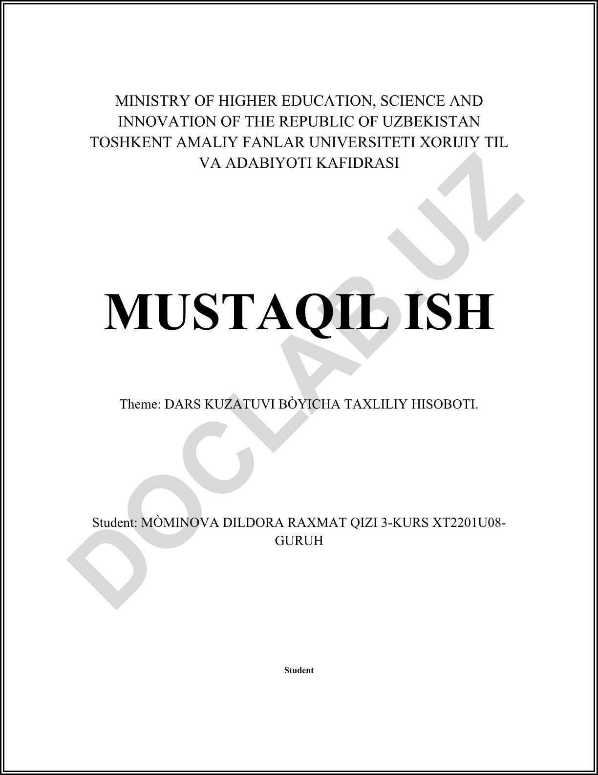 DARS KUZATUVI BÒYICHA TAXLILIY HISOBOTI