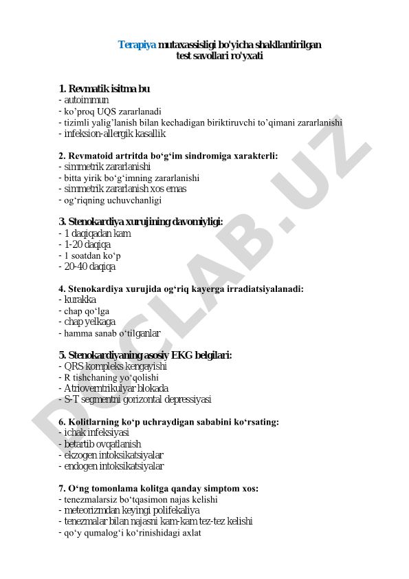 Terapiya mutaxassisligi bo'yicha test savollari